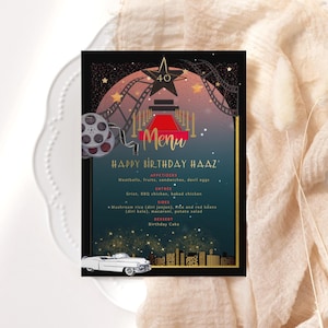 Karta menu imprezy tematycznej Hollywood Menu urodzinowe Menu na czerwony dywan Menu na galę wręczenia nagród EDYTOWALNE DIY Wydrukowane karty menu stołu Natychmiastowe pobranie
