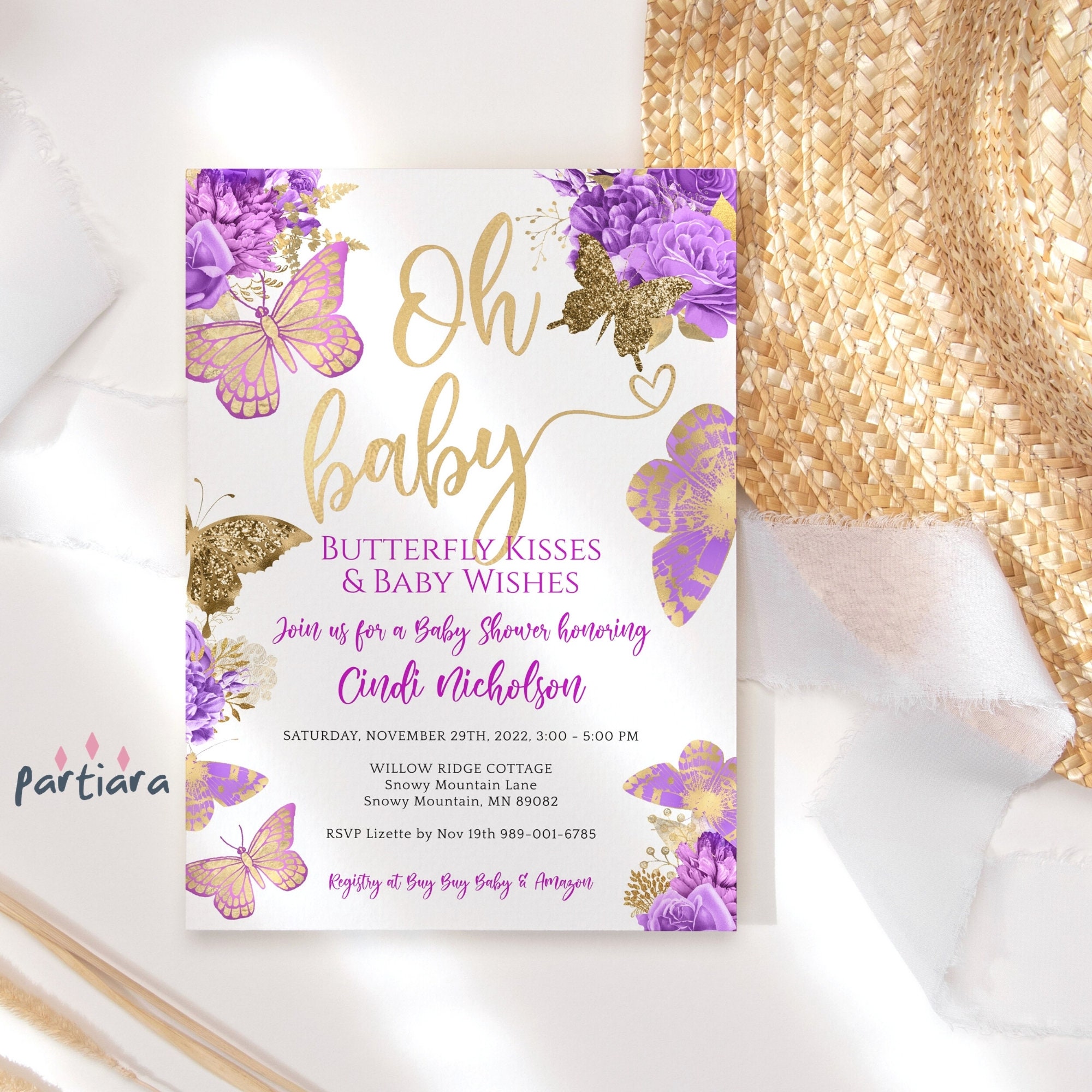 Purple Fairytale Butterfly Floral 5X7 Cardstock Invitation