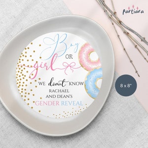 Modello di scheda di inserimento del piatto per rivelare il sesso del donut, modello di sottopiatto per donut per bambino o bambina stampabile, decorazione da tavolo a tema caramelle blu e rosa, modificabile P21