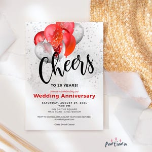 Plantilla de invitación de aniversario, invitación imprimible para cena de cumpleaños, tarjeta con globos rojos y plateados para celebrar los 30 años, descarga editable P707