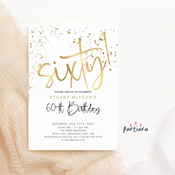 60th Birthday Invitation Printable: For Him or Her, All White and Gold Dinner Party Template P493