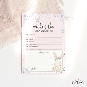 Tarjeta imprimible con deseos de conejito de nieve para bebé, tarjeta con consejos y deseos para baby shower de invierno para niña, copos de nieve plateados y rosa pastel, editable P459