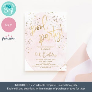 May include: Pink and gold pool party invitation with a watercolor background and gold glitter. The invitation says "Pool Party" in gold script and "Olivia's 10th Birthday" in gold lettering. The invitation includes the date, time, and location of the party.