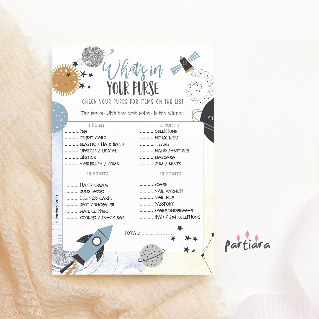 Space Baby Shower Game What's in Your Purse Quiz Notecard Printable