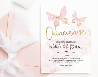 Quinceanera Invitation Butterfly Template: Blush Pink Gold Butterflies Printable P293