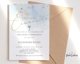 Holy Communion Invitation Boy Digital Download Editable Template for First Communion Blessing Pastel Blue Gold Modern Simple Decor P364