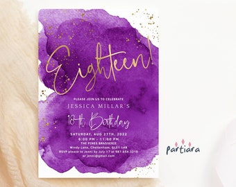 Paarse 18e verjaardagsuitnodiging afdrukbare meisjes etentje uitnodiging bewerkbare digitale downloadsjabloon Royal Purple en Gold Decor P281