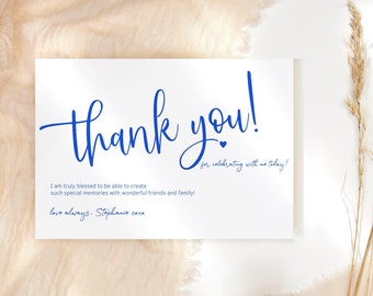 Adult Party Thank You Card Editable Birthday Thankyou Note Cards Template Men or Ladies Retirement Cards Royal Blue and White P266