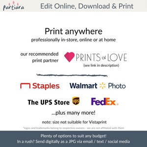 K&ouml;nnte beinhalten: Eine Grafik mit dem Text "Drucken Sie &uuml;berall" und einer Liste beliebter Druckereien, darunter Staples, Walmart, The UPS Store, FedEx und mehr. Die Grafik enth&auml;lt auch ein rosa Herz mit dem Text "PRINTS of LOVE" und den Hinweis "Hinweis: Gr&ouml;&szlig;e nicht geeignet f&uuml;r Vistaprint".