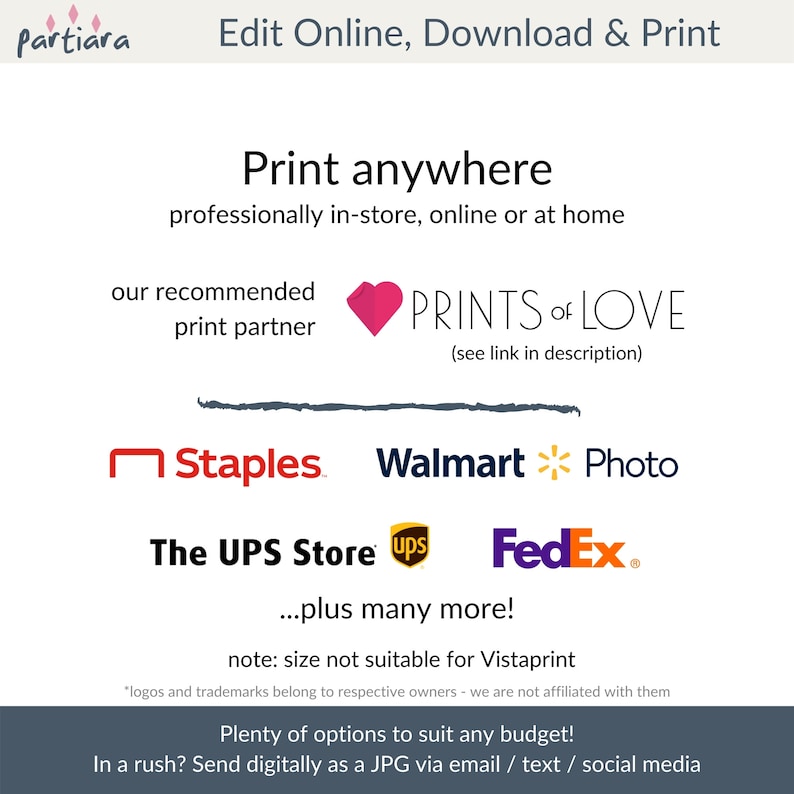K&ouml;nnte beinhalten: Eine Grafik mit dem Text "Drucken Sie &uuml;berall" und einer Liste beliebter Druckereien, darunter Staples, Walmart, The UPS Store, FedEx und mehr. Die Grafik enth&auml;lt auch ein rosa Herz mit dem Text "PRINTS of LOVE" und den Hinweis "Hinweis: Gr&ouml;&szlig;e nicht geeignet f&uuml;r Vistaprint".