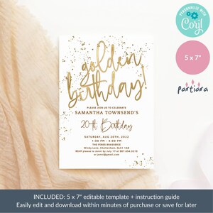 May include: A white invitation card with gold glitter and the text "golden birthday!" in gold script. The invitation is for Samantha Townsend's 20th birthday party. The party will be held on Saturday, August 20th, 2022 from 1:00 PM to 4:00 PM at The Pines Brasserie in Cheltenham, GL51 1AB. RSVP by July 17th to Jenni at 987.654.3210 or jenni@gmail.com.