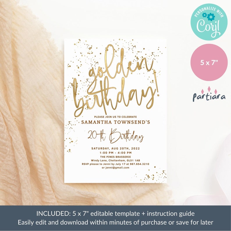 May include: A white invitation card with gold glitter and the text "golden birthday!" in gold script. The invitation is for Samantha Townsend's 20th birthday party. The party will be held on Saturday, August 20th, 2022 from 1:00 PM to 4:00 PM at The Pines Brasserie in Cheltenham, GL51 1AB. RSVP by July 17th to Jenni at 987.654.3210 or jenni@gmail.com.