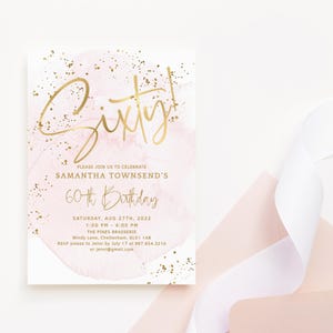 Ladies 60th Birthday Invitation Printable Lunch Brunch or Dinner Party Invites Editable Pastel Blush Pink Gold Decor Template P132 P249