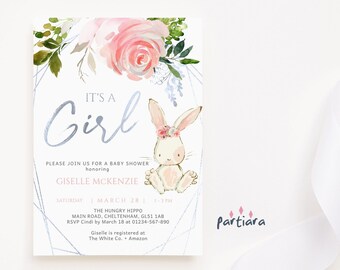 Easter Baby Shower Invitation, Bunny Rabbit Party Invite Template for Girls, Pink Floral Silver Boho Rabbit Decor, Editable Download P376