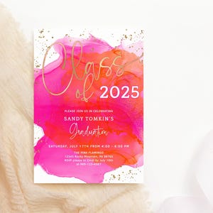 Modelo de convite de formatura tropical, convite para meninas da turma de 2025 para impressão, decoração rosa-choque laranja, cartão digital editável para download P200