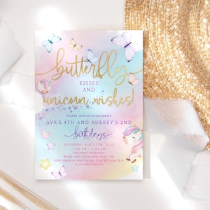 Eenhoorn vlinder uitnodigen verjaardag meisje vlinder kusjes regenboog uitnodiging feest afdrukbare pastel ombre roze goud bewerkbare download P179