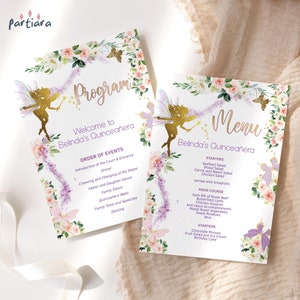 Menú de mesa y programa para fiesta de cumpleaños de niñas con diseño de hada mariposa, imprimible, decoración floral en color lila y rosa, editable, descarga P328