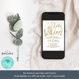May include: A white digital invitation with gold glitter and text that reads "golden birthday!"  Please join us to celebrate Samantha Townsend's 20th Birthday on Saturday, August 20th, 2022 from 1:00 PM to 4:00 PM at The Pines Clubhouse.  RSVP by July 17th at [email protected]