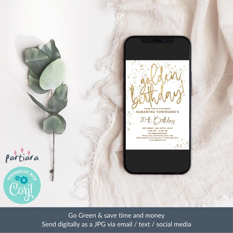 May include: A white digital invitation with gold glitter and text that reads "golden birthday!"  Please join us to celebrate Samantha Townsend's 20th Birthday on Saturday, August 20th, 2022 from 1:00 PM to 4:00 PM at The Pines Clubhouse.  RSVP by July 17th at [email protected]