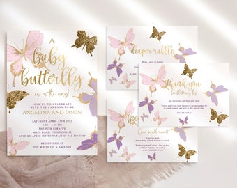 Butterfly Girl Baby Shower Invitation Bundle with Inserts DIY Editable Pink Lilac Gold Butterflies Decor Instant Edit Partiara Printable P6