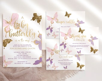 Butterfly Girl Baby Shower Invitation Bundle, Purple Pink Lilac Gold Butterflies Party Invite Set, Editable Digital Download Printable P345