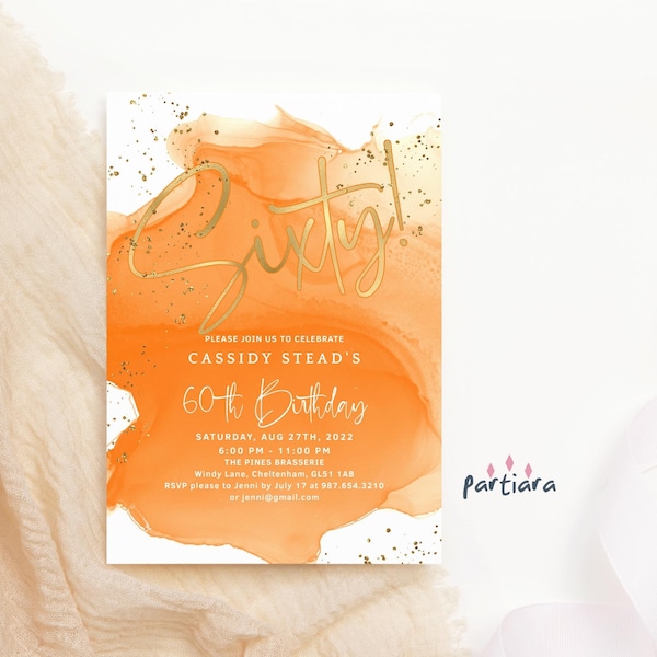 Ladies 60th Birthday Invitation Printable Editable Download Template Bright Orange and Gold Surprise Brunch Lunch or Dinner Cards P515