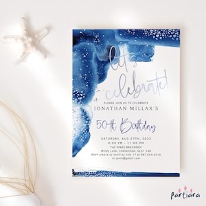 Invito blu navy per festeggiare il modello della festa maschile, elegante invito per cena in argento stampabile, download digitale modificabile P237