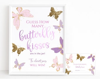 Guess How Many Butterfly Kisses Girl Baby Shower Party Game Sign Printable Editable Download Template Pink Lilac Purple Gold P6 P345