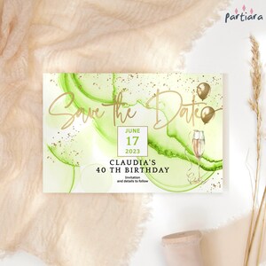 Lime Save the Date Card Template, Birthday Save the Dates Printable, Ladies Green Gold Events Editable Digital Download P299