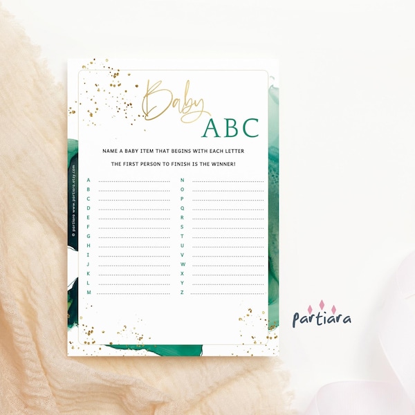 Green Gold Baby Shower ABC Game Card Printable Name the Nursery Items Editable Digital Download Template Boy Girl Party Games P257