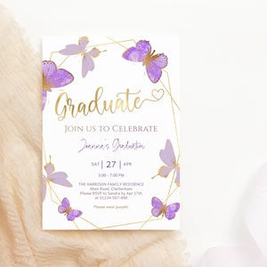 Invitación de graduación para niñas, invitación digital para fiesta de graduación con diseño de mariposas, decoración morada y lila imprimible, plantilla editable P144