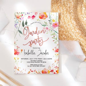 Modelo de convite para festa no jardim com flores silvestres, convite para festa de aniversário floral no jardim para impressão, cartão com flores rosa e laranja, download editável P890