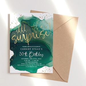 Smaragd Gold Überraschungsparty einladen druckbare Ssshh Es ist eine Überraschung Geburtstagseinladung bearbeitbare digitale Download-Vorlage P132 P257