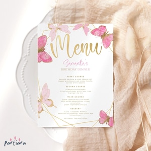 Szablon karty menu motyla, różowe motyle menu na talerzu do druku, dekoracje na przyjęcie urodzinowe dla dziewcząt, edytowalne cyfrowe pobieranie P144