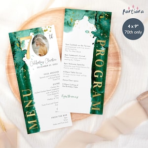Modèle de programme de menu pour 70e anniversaire, menus de dîner photo modifiables pour dames imprimables, décoration de table or vert émeraude, téléchargement P205