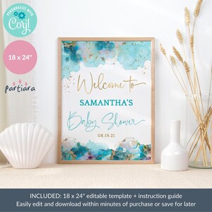 May include: A framed baby shower sign with the text "Welcome to SAMANTHA'S Baby Shower" in gold and teal script. The sign is 18 x 24 inches and features teal and gold watercolor accents. The date 08.19.21 is also included.