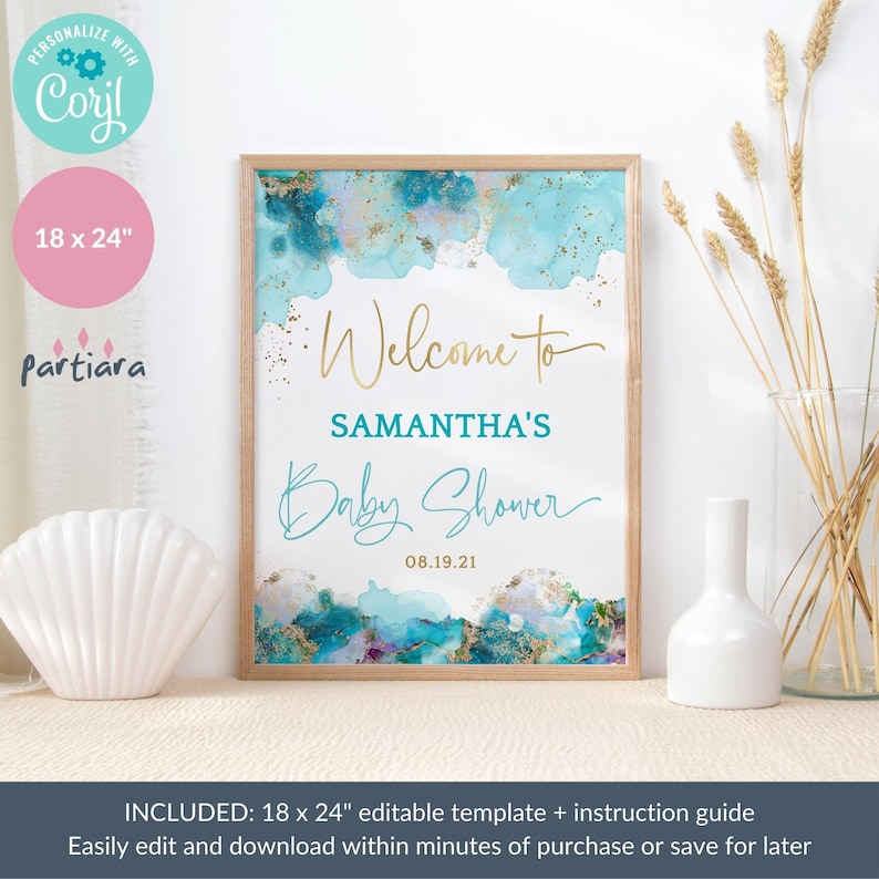 May include: A framed baby shower sign with the text "Welcome to SAMANTHA'S Baby Shower" in gold and teal script. The sign is 18 x 24 inches and features teal and gold watercolor accents. The date 08.19.21 is also included.