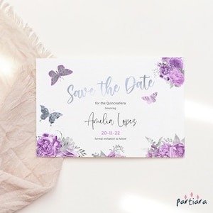 Plantilla de mariposa para guardar la fecha, imprimible para baby shower, tarjeta floral morada y lila para el dulce 16 de niña, editable (P36)