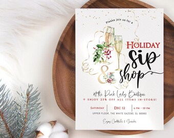 Könnte beinhalten: Eine weiße Einladungskarte mit dem Text "HOLIDAY Sip Shop" und Veranstaltungsdetails. Die Karte zeigt Illustrationen von Sektgläsern, Grün und goldfarbenen Akzenten. Die Veranstaltung findet in der Pink Lady Boutique statt.