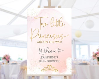 Twin Princesses Baby Shower Welcome Sign Printable Two Little Girls Blush Pink Gold Crown Fairytale Party Welcome Editable 24x36 Poster P458