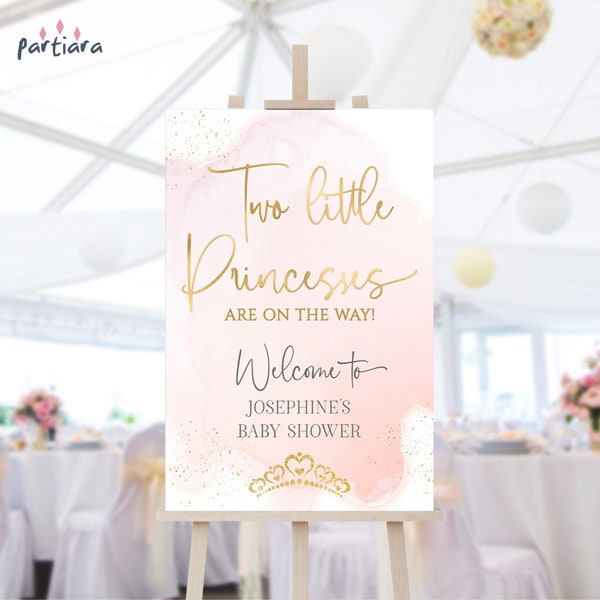 Twin Princesses Baby Shower Welcome Sign Printable Two Little Girls Blush Pink Gold Crown Fairytale Party Welcome Editable 24x36 Poster P458