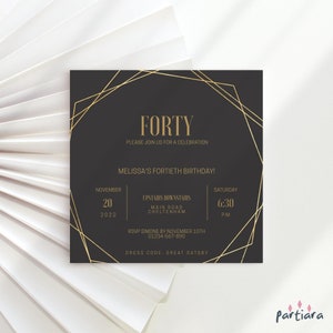 Herren 40. Geburtstag Einladen Vorlage, Dinner Party Einladung druckbar, elegante und moderne Schwarz Gold Dekor quadratische Karten, bearbeitbar P86