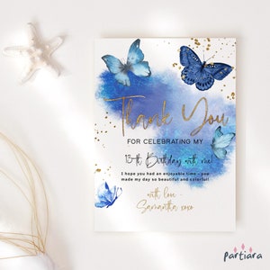 Modello di biglietto di ringraziamento con farfalla blu reale, biglietti per la festa del 16° compleanno stampabili, biglietti da scaricare digitali modificabili P617