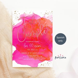 Spanish Birthday Invitation, Tropical Party Invite Printable, Ladies Hot Pink Orange Card, Editable Digital Download Template P200