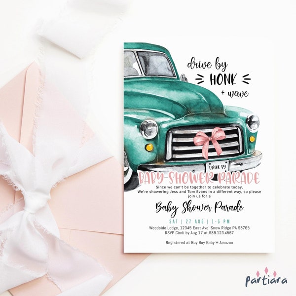 Drive By Honk Wave Invite Baby Shower Invitation Digital Download Birthday Drive Thru Parade Flyer Editable Vintage Truck Printable P192