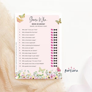 Guess Who Bride or Groom Bridal Shower Party Activity Game Editable Digital Download Template Floral Butterfly Decor Printable P78