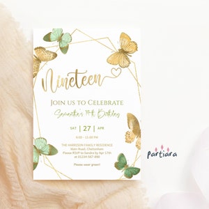 Plantilla de invitación para cumpleaños número 19 de mariposa, invitación imprimible para niña, tarjeta para cena en verde menta y dorado, descarga digital editable P149