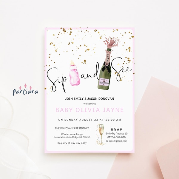 Sip and See New Baby Girl Invites, Pink and Gold Baby Bottle and Champagne, Meet and Greet Party Invitation DIY Printable, Digital Download