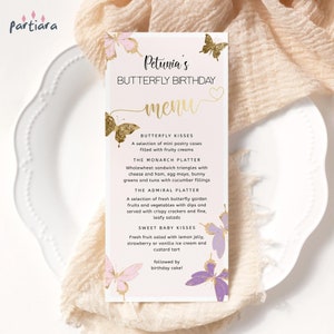 Butterfly Menu Template, Birthday Menus Printable, Girl Baby Shower Table Menu Card, Pink Purple Lilac Gold Decor, Editable Download P345