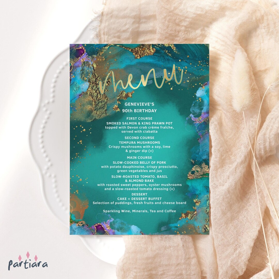 Emerald Gold Menu Card Birthday Dinner Party Menus Printable Ladies